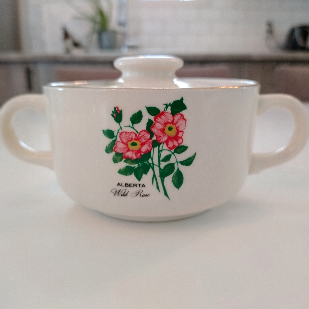 Antique Wild Rose Alberta souvenir dish 22k double handled bowl with lid